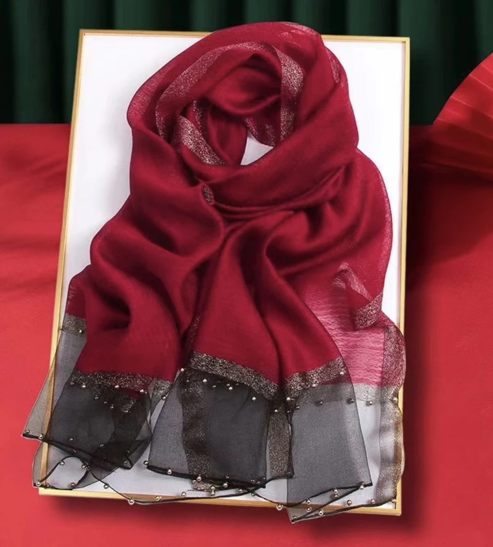 S-34-13 桑蚕丝羊毛75x175左右钉珠款围巾秋冬  酒红色