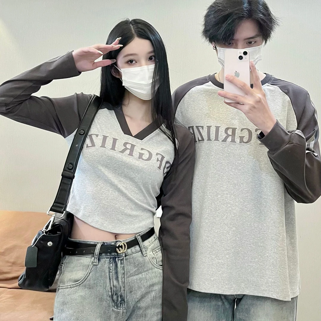 情侣装春季学院风字母印花长袖T恤一长一短男女美式上衣潮