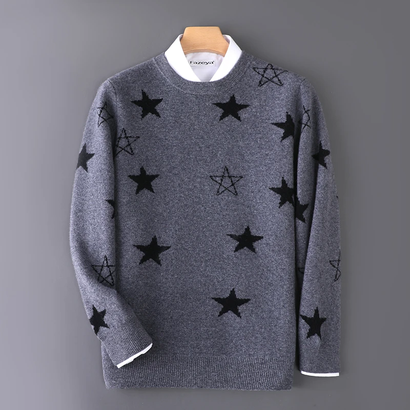 高端~秋冬款男士12针芝麻点圆领星星套头羊毛衫百搭保暖针织衫