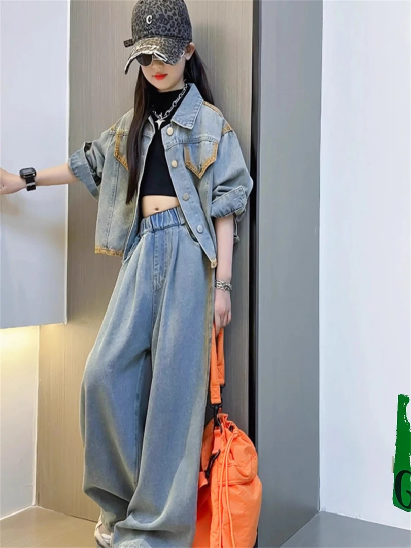MK&DK女童牛仔套装2025新款中大童洋气外套童装儿童阔腿裤穿搭潮