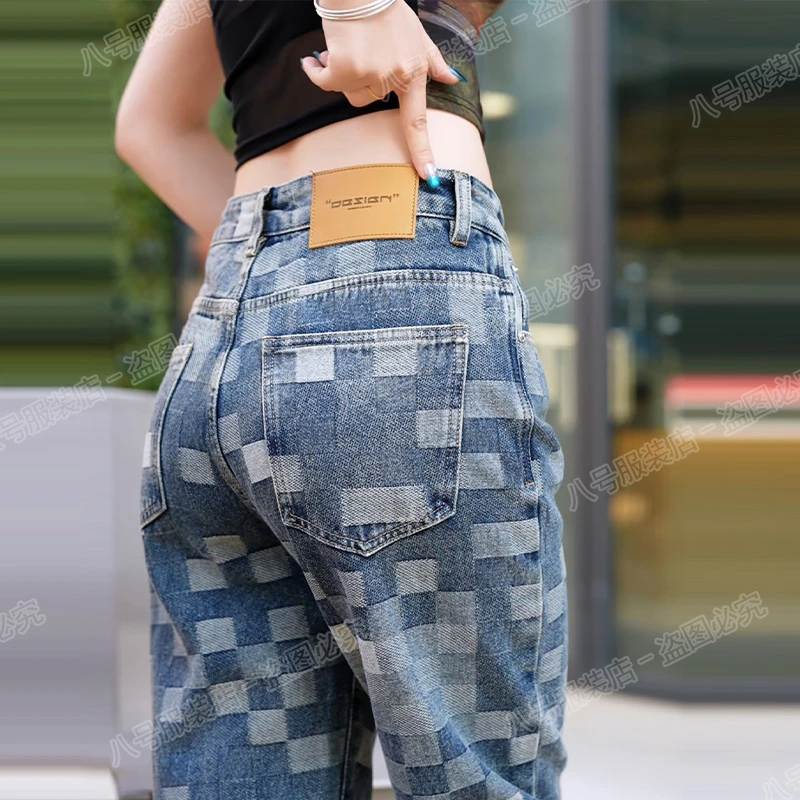 接潮春秋新款潮流轻奢牛仔裤男复古设计感棋盘格直筒裤美式阔腿裤
