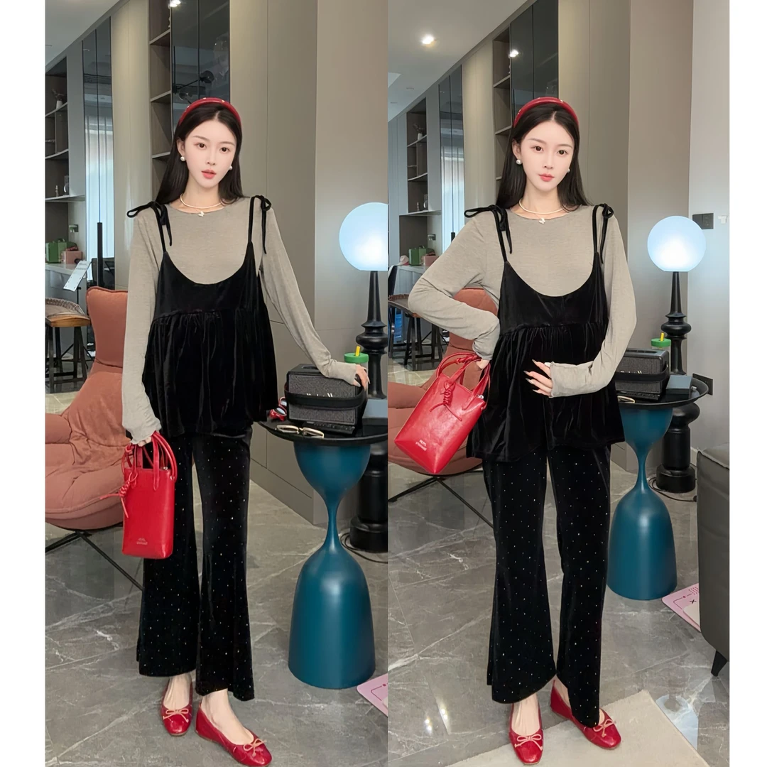 早秋季孕妇套装2025潮款洋气减龄绝美上衣吊带衫两件套喇叭九分裤