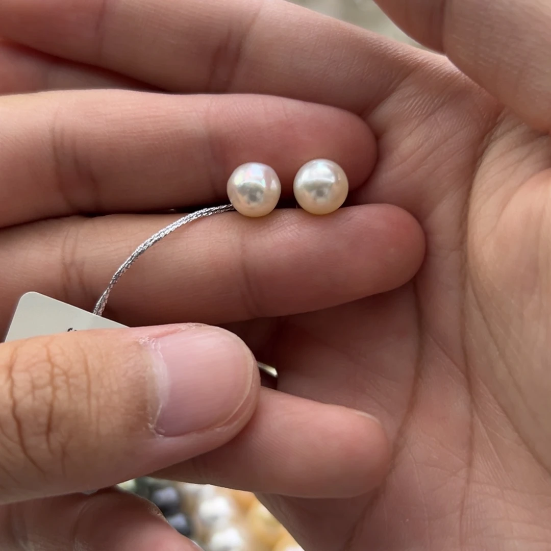 银S925镶嵌耳饰海水珍珠7-8mm海水Ak素钉