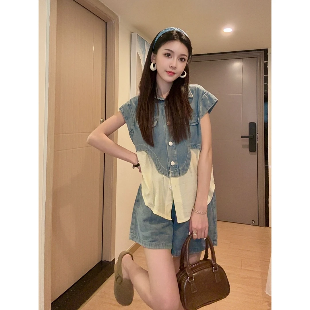 2025牛仔套装女夏季新款韩版无袖牛仔拼接上衣小个子短裤两件套