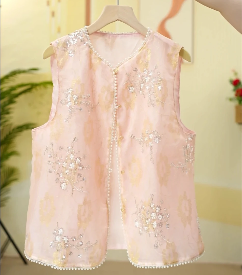 【望月马甲】2025夏季新款珍珠拼接粉色刺绣新中式马甲女时尚显瘦