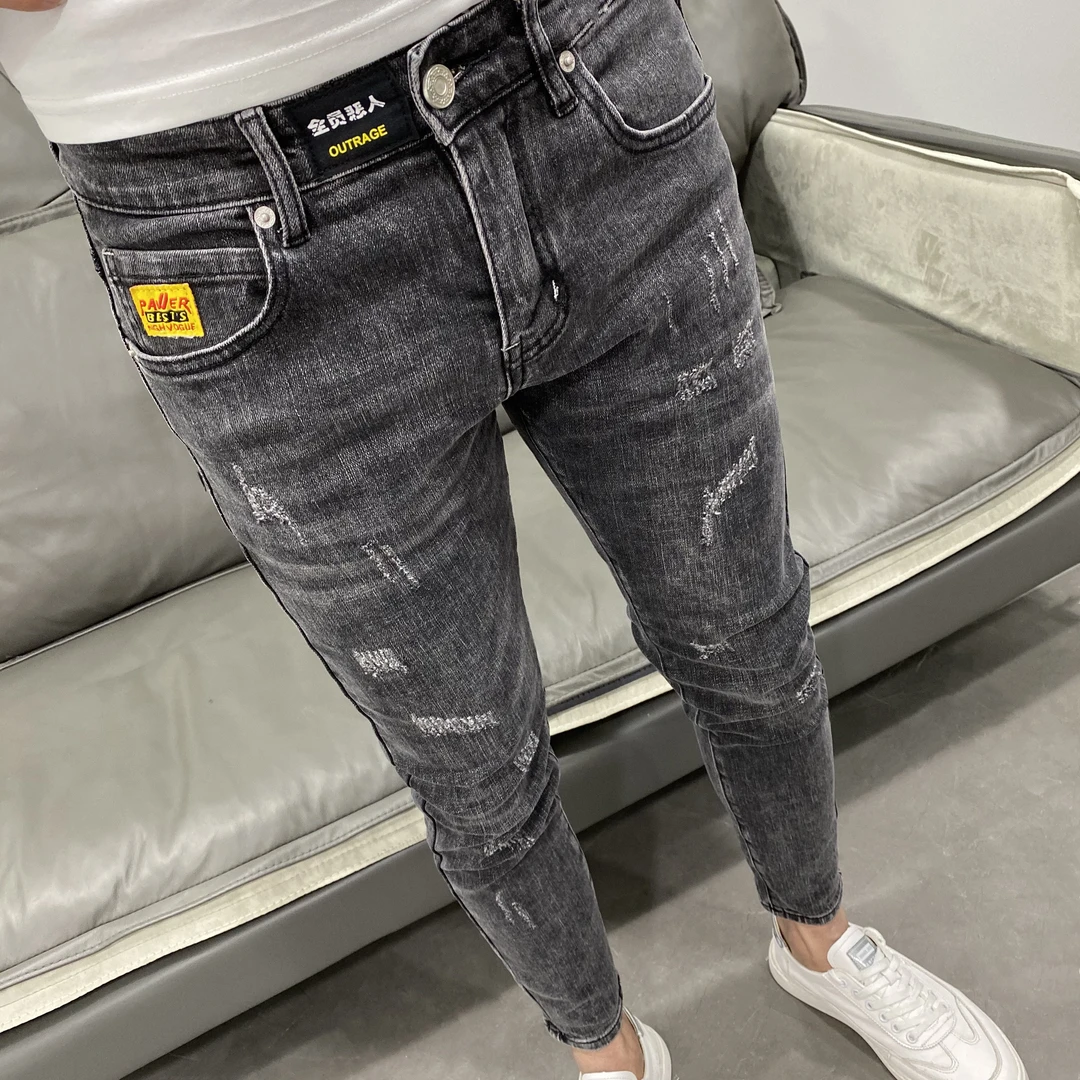 烟灰九分猫须弹力牛仔裤男潮流时尚百搭韩版修身小脚高端水洗弹力
