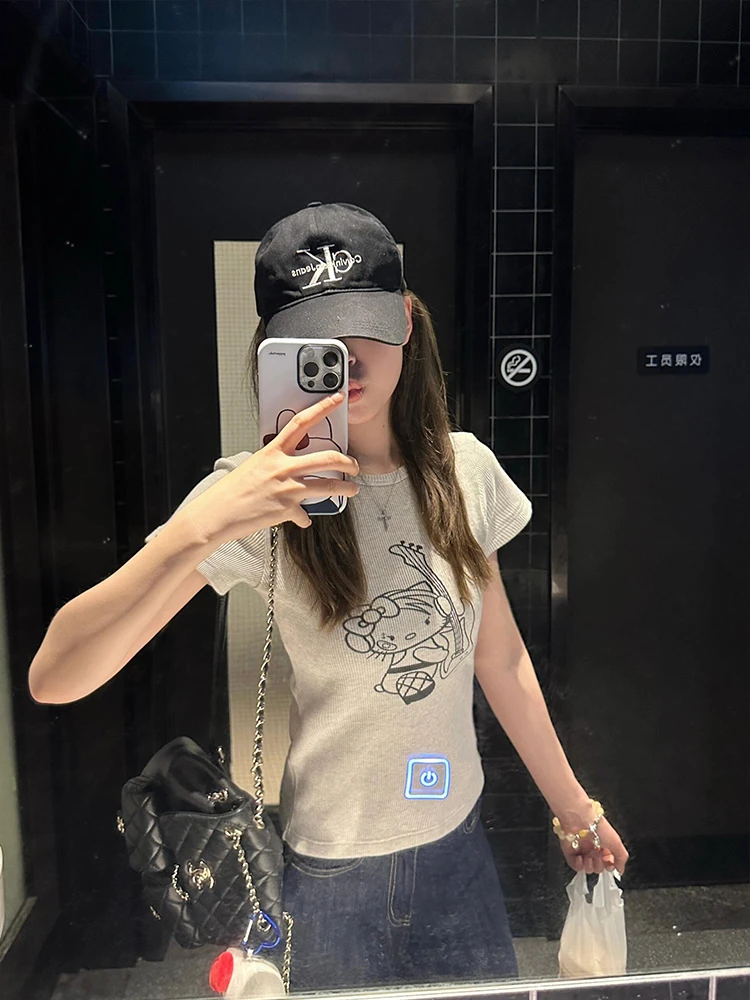 美式复古朋克小猫印花正肩短袖t恤女夏季修身设计感小众短款上衣