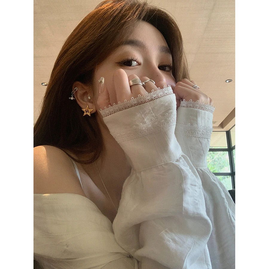 张贝贝 紫调鸢尾 亚麻炒色 清甜蕾丝花边短衬衫