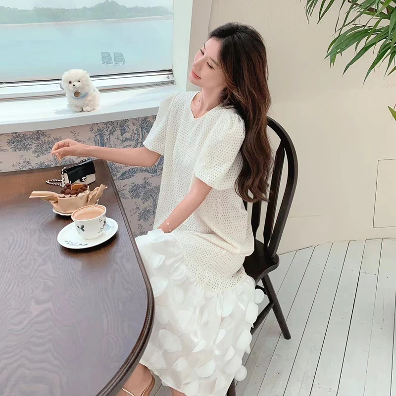 法式设计感拼接连衣裙女夏季2025新款白色超仙气质温柔风花瓣长裙