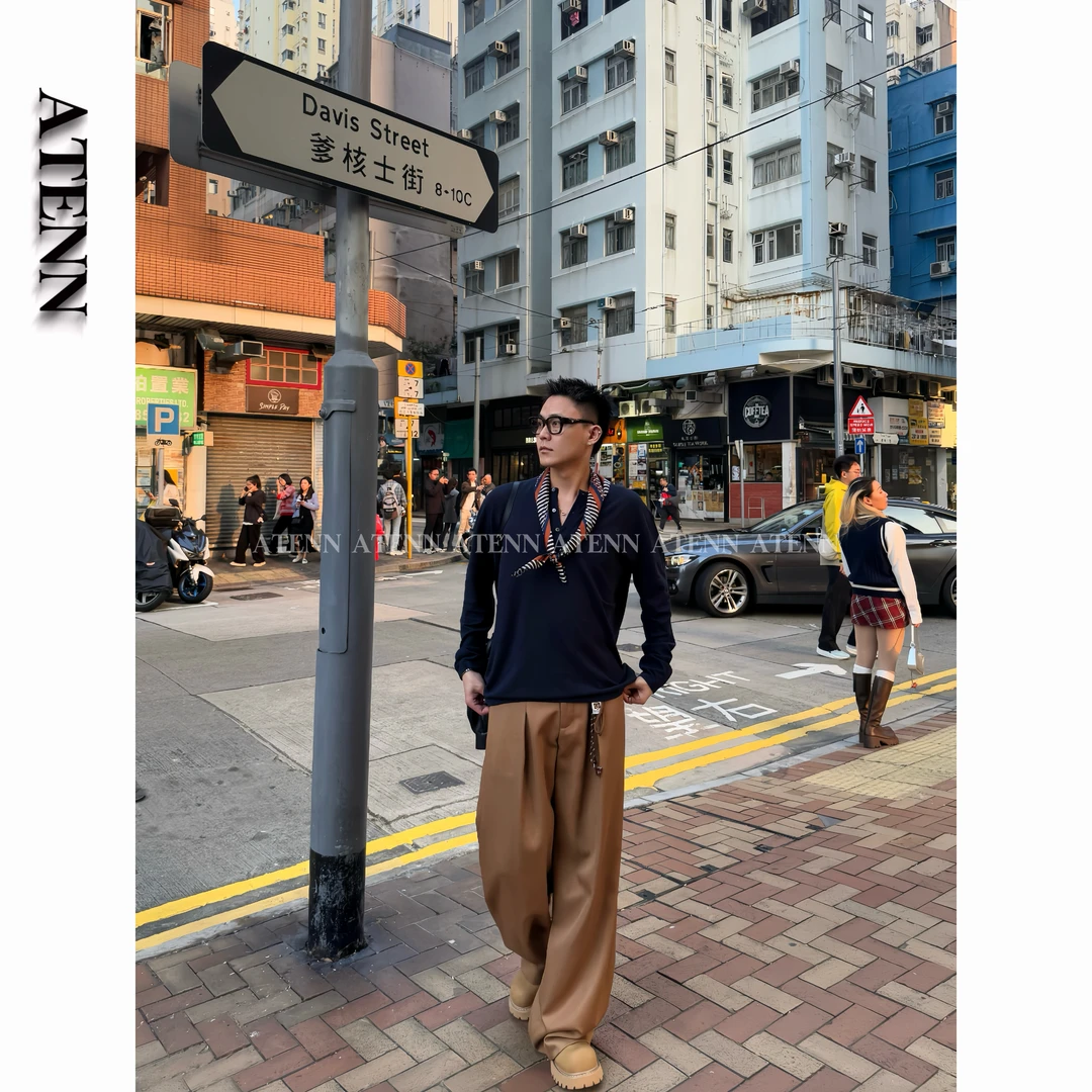 ATENN2025时尚纯色简约气质亨利领休闲T恤上衣