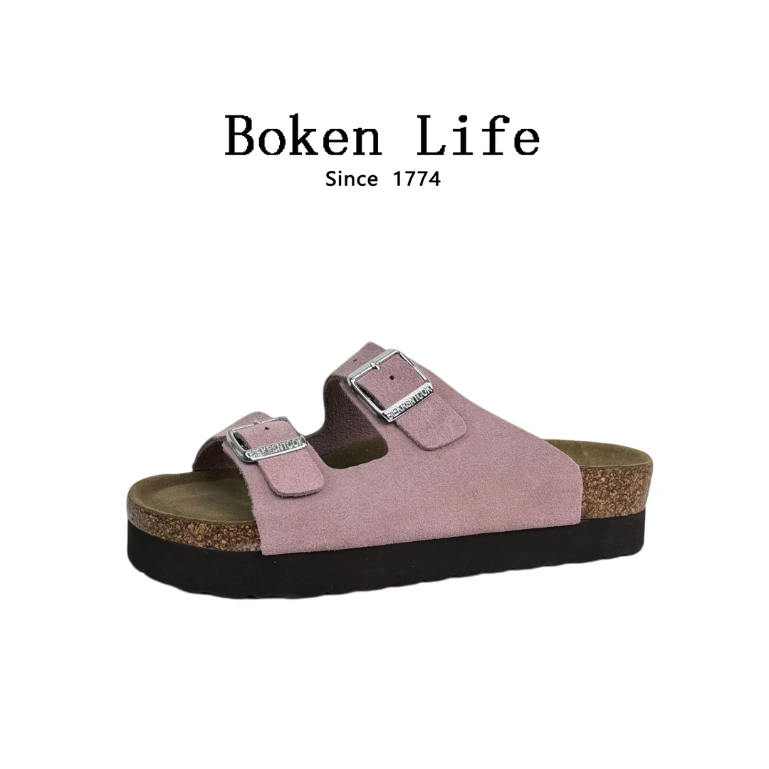 【凉鞋厚底5cm】加厚牛皮勃肯鞋2025夏新款软木凉鞋男女一字凉拖鞋