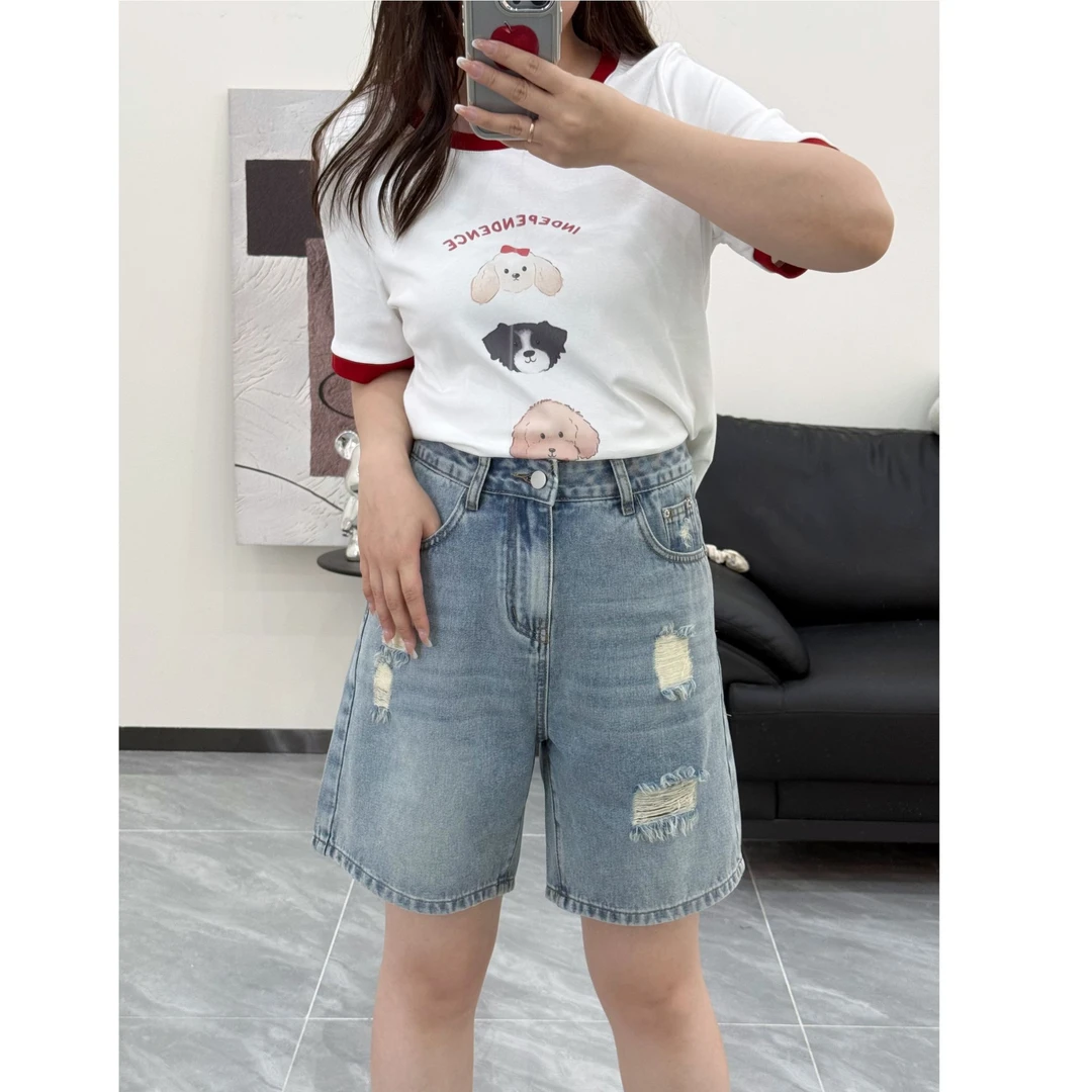 破洞牛仔五分短裤女2025夏季薄款高腰显瘦宽松中裤直筒五分裤