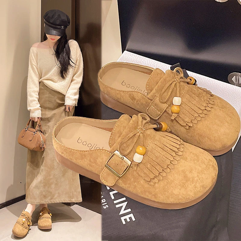 小众设计感流苏勃肯鞋包头半拖鞋女外穿2025新款秋季厚底博肯单鞋