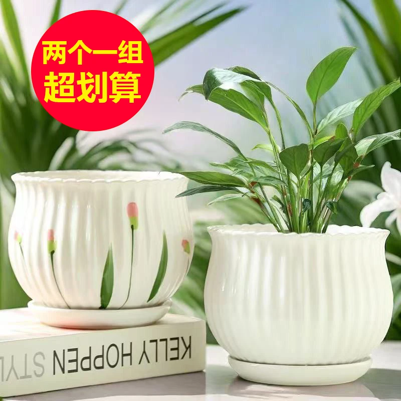清仓捡漏简约陶瓷花盆白色轻奢大号带托盘家用绿萝吊兰多肉花盆