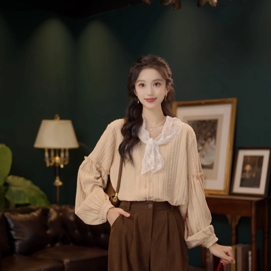琦琦【枫糖奶油】港风复古镂空针织宽松提花长袖上衣YE0708117