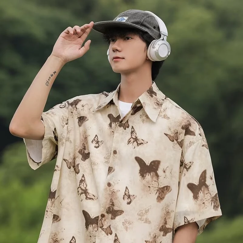 上衣短袖休闲宽松翻领衬衫男蝴蝶复古印花男士情侣