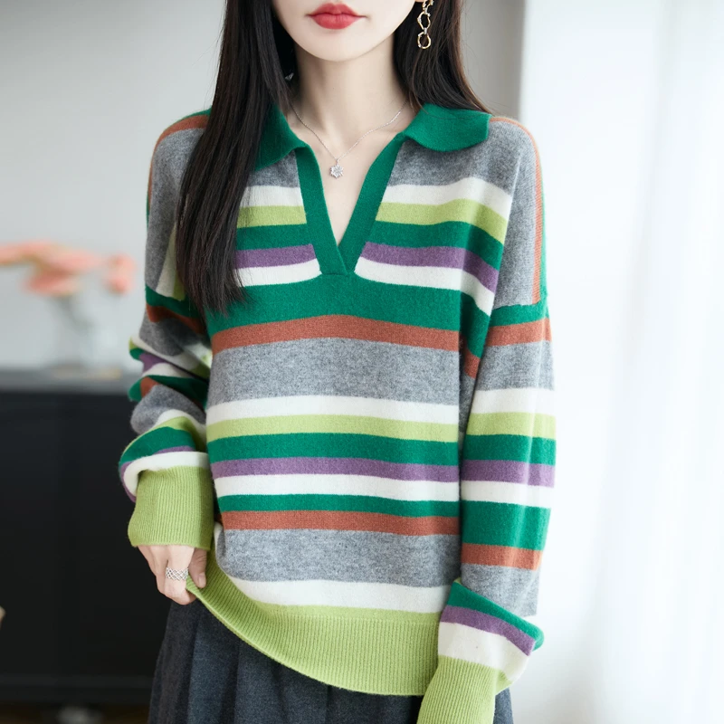 秋冬新款剪刀领彩条软糯保暖羊毛打底衫针织上衣减龄撞色毛衣韩版