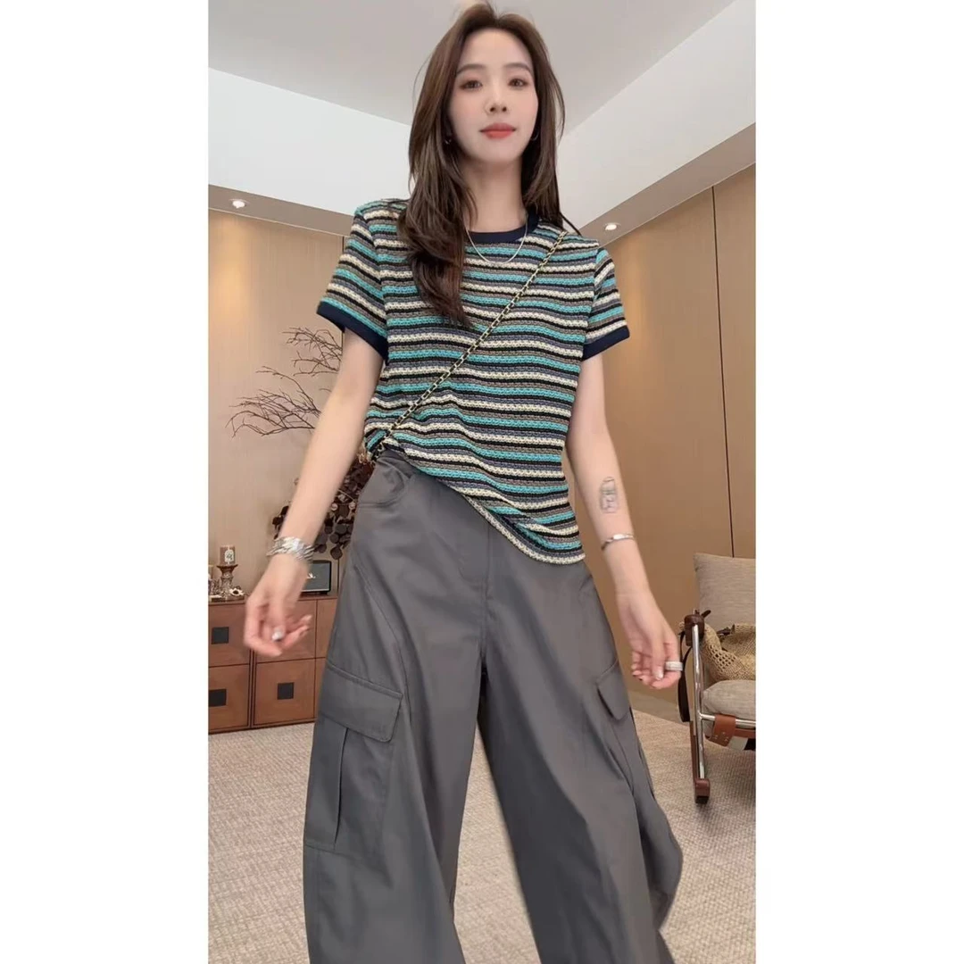 小静静一会【彩条针织上衣】2025夏款撞色显瘦短袖 2506C3424