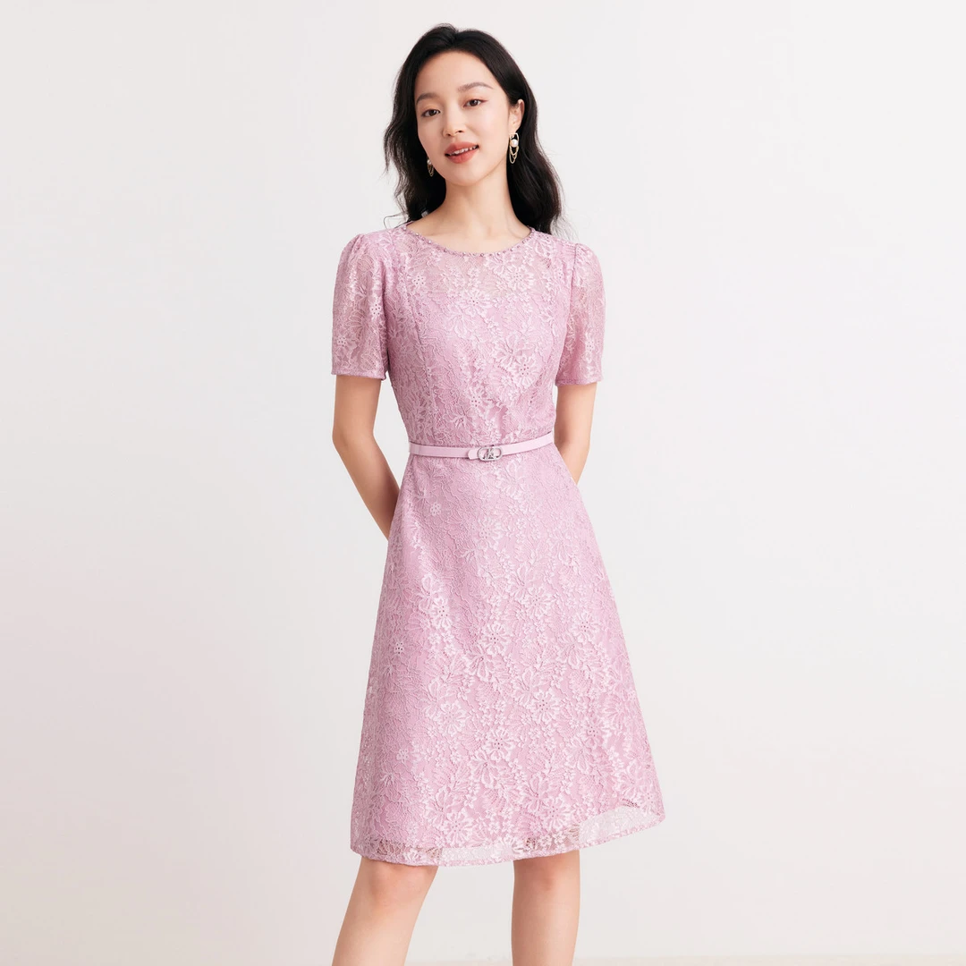 【安雅专属】夏款优雅气质蕾丝收腰显瘦圆领短袖连衣裙裙子女KF1129