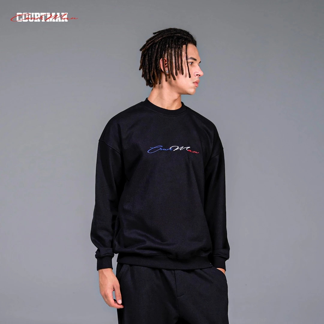 COURTMAN野球帝刺绣圆领卫衣男秋季新款美式重磅套头宽松长袖上衣