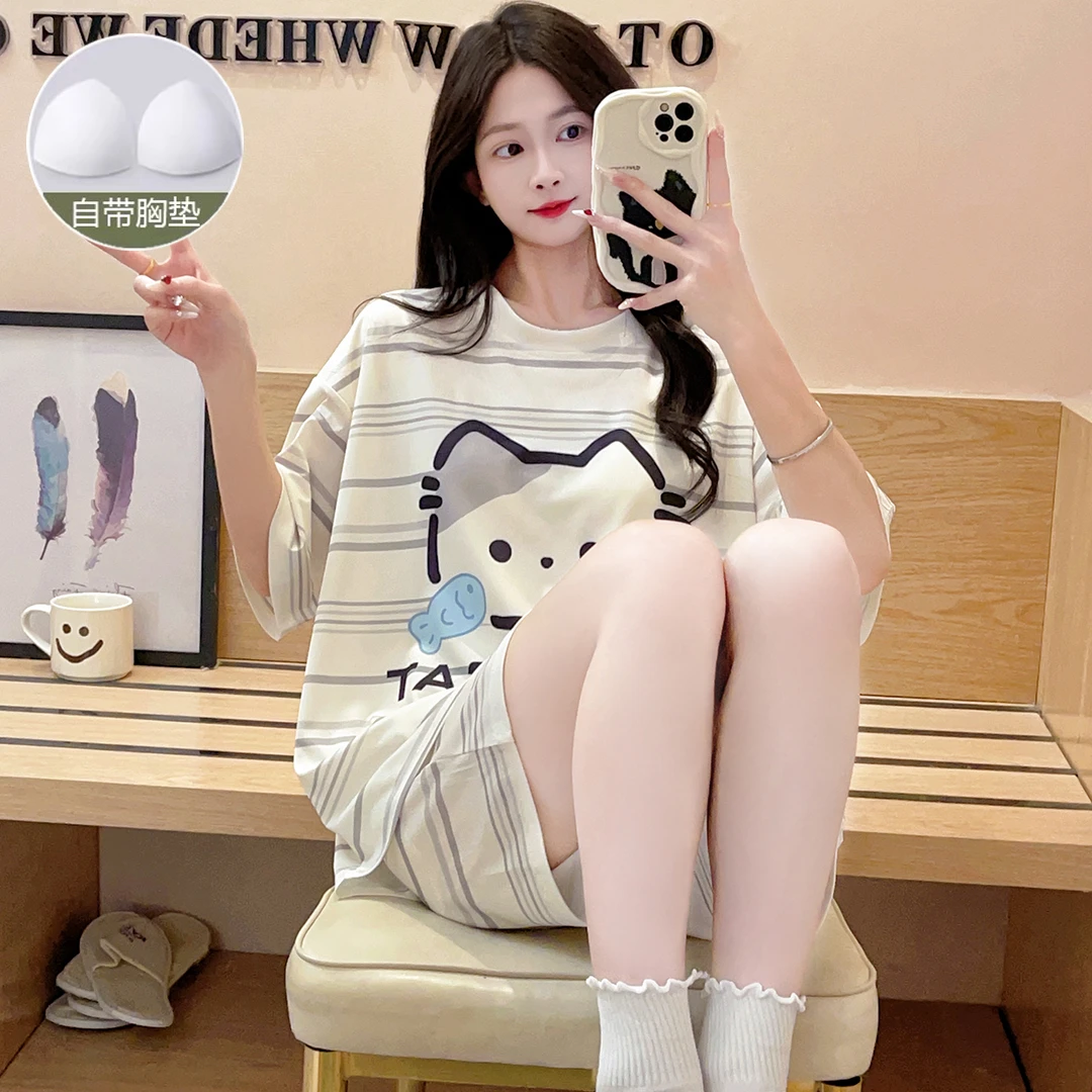 夏季带胸垫睡衣女短袖甜美新款宽松冰丝螺纹女士睡衣家居服套装