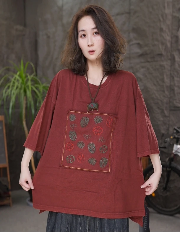 25年夏季女士圆领短袖宽松休闲套头T恤棉刺绣上衣