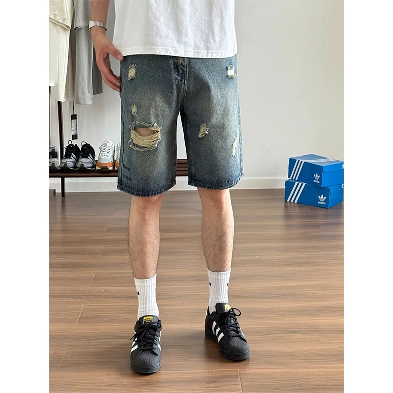 复古蓝破洞牛仔短裤男款夏季潮牌痞帅炸街裤子美式vibe宽松五分裤
