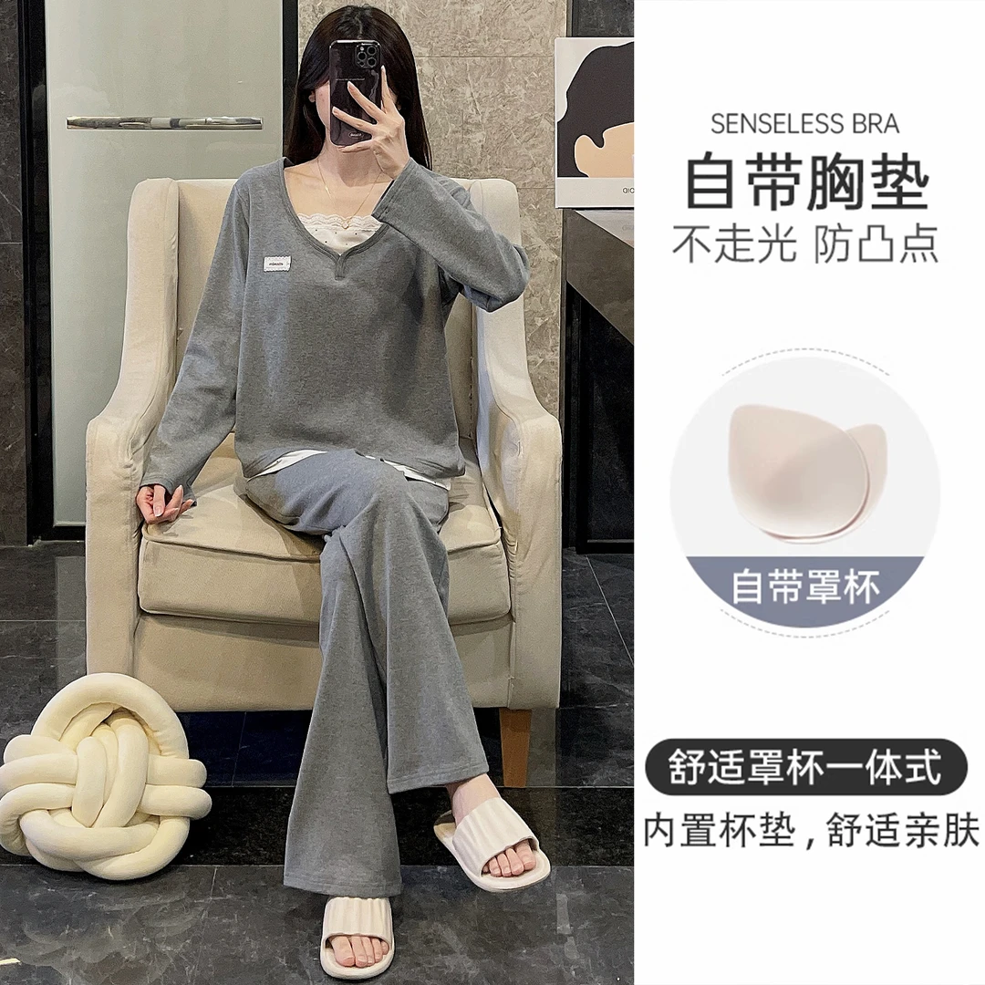 纯棉睡衣女士春秋季长袖大码带胸垫可外穿2025新款灰色套装家居服