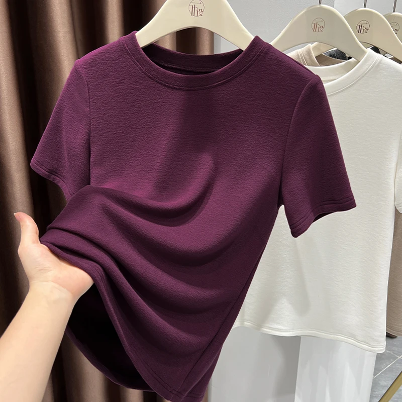 轻奢紫色优雅小圆领短袖打底衫女秋双面磨毛T恤内搭洋气独特上衣