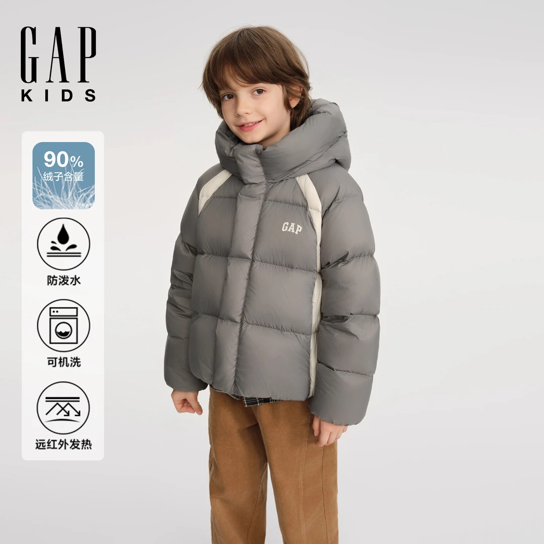Gap男女童2025秋款远红外发热防泼水连帽泡芙羽绒服805269/805341