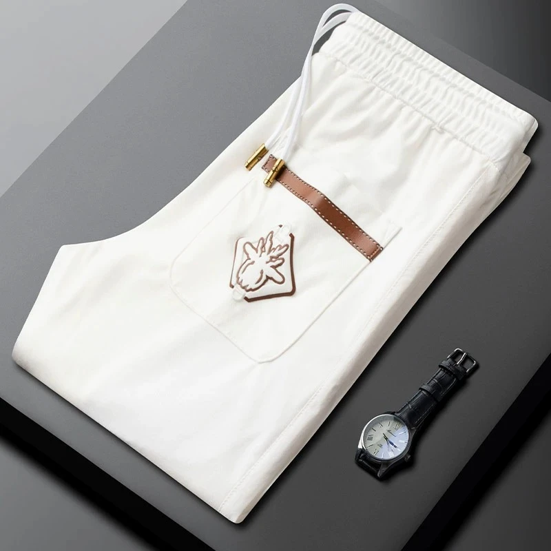 轻奢高端白色运动裤男士夏季薄款蜜蜂印花修身束脚弹力抽绳休闲裤