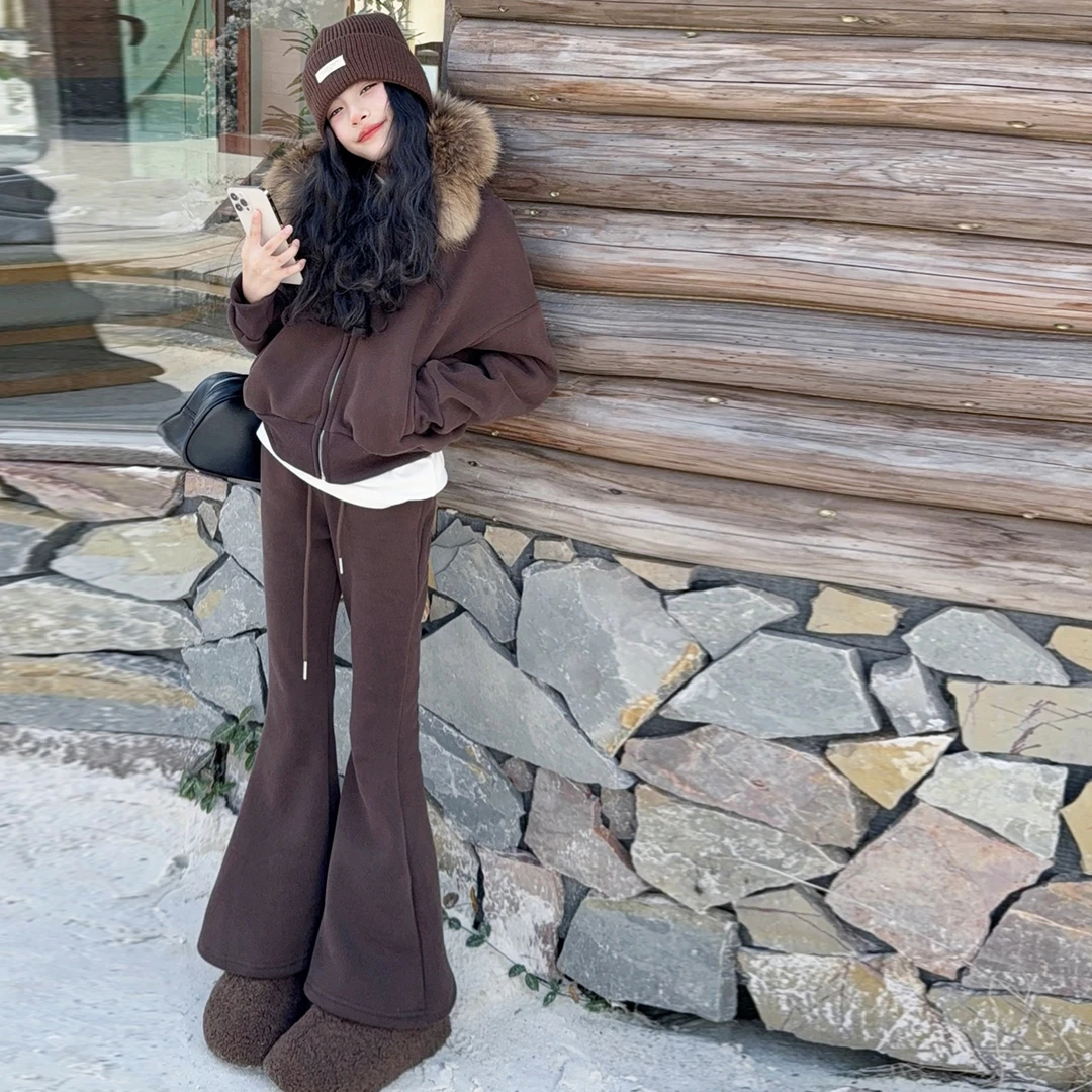 【酷哒仔】女童加绒琥珀流光大毛领外套喇叭裤子两件套装2025秋冬装