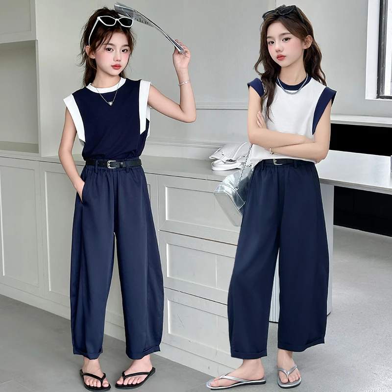 女童夏装套装2025新款洋气儿童夏季薄款无袖上衣冰丝阔腿裤两件套