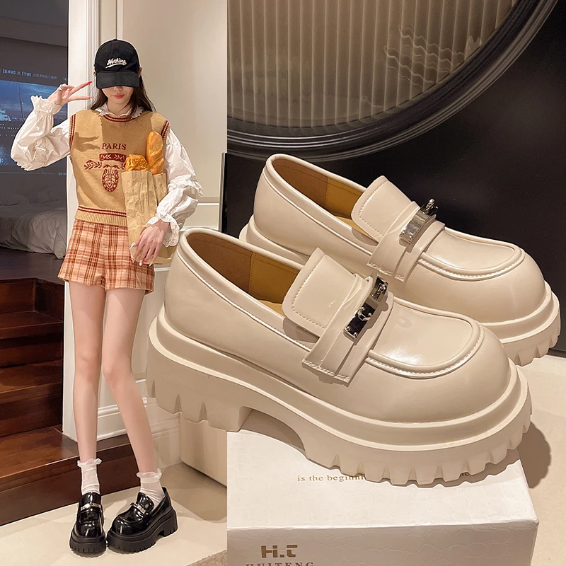 咿英伦风厚底乐福鞋女2025春季百搭一脚蹬小皮鞋粗跟增高单鞋