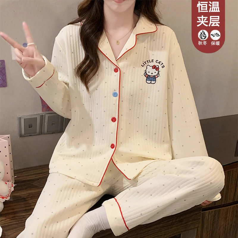 日系甜美风高级感空气棉夹层保暖睡衣女秋冬季加厚气质家居服套装