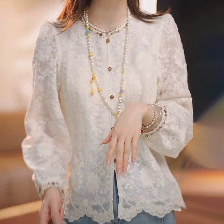 2025设计感圆领常规宽松型纯色衬衫蕾丝上衣复古宽松气质百搭提花