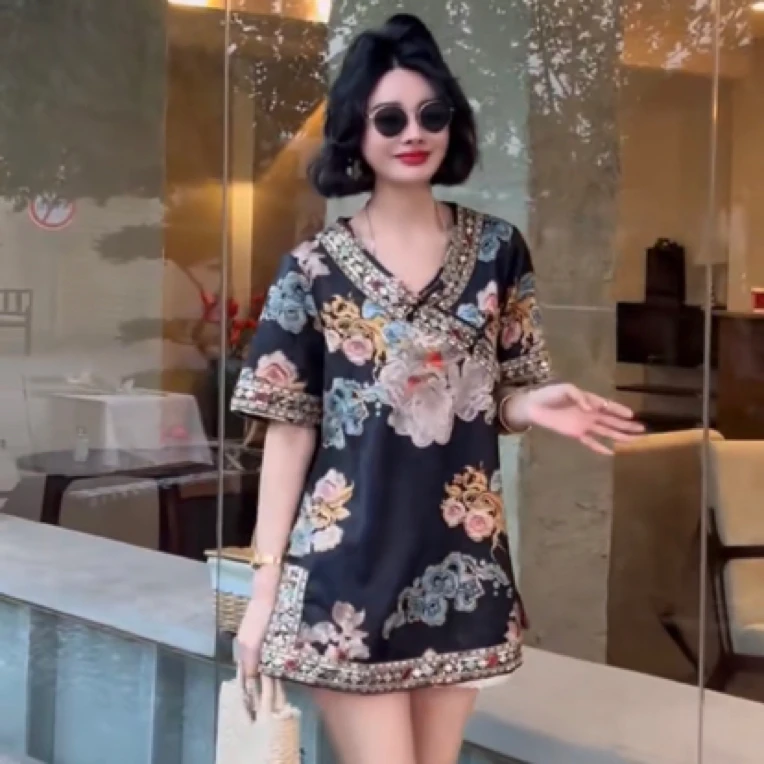 清苍价~深圳3803新中式重工亮片改良国风衫上衣