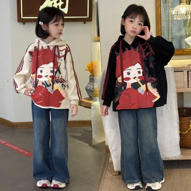 女童套装春秋儿童洋气春装印花卫衣女孩休闲牛仔阔腿裤