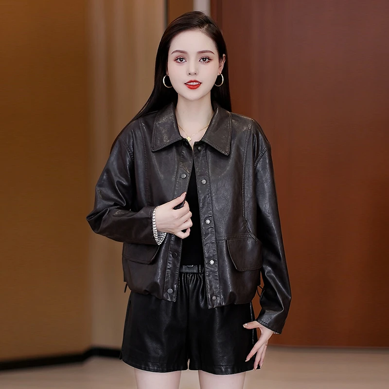 时尚休闲皮衣外套女2025秋季新款洋气百搭条纹拼接袖口夹克上衣