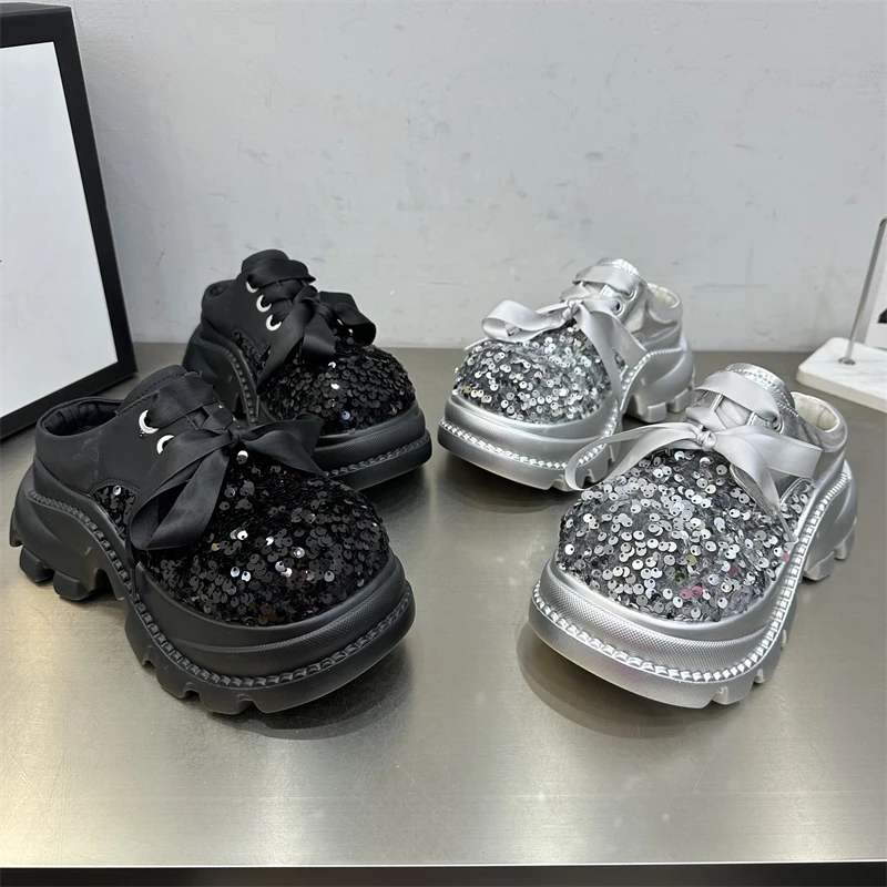 女鞋时尚休闲百搭夏季春季厚底银色轻奢系带亮片高定新款潮流潮鞋