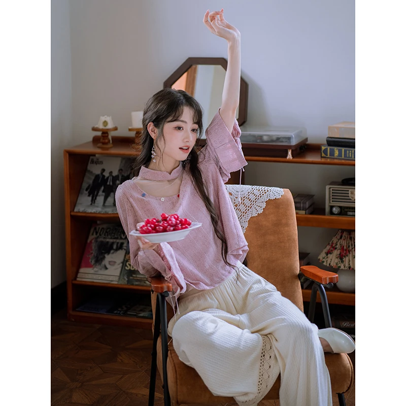 南风谷【彩花点点】彩色花朵国风上衣女2025新款网纱拼接长袖衬衣
