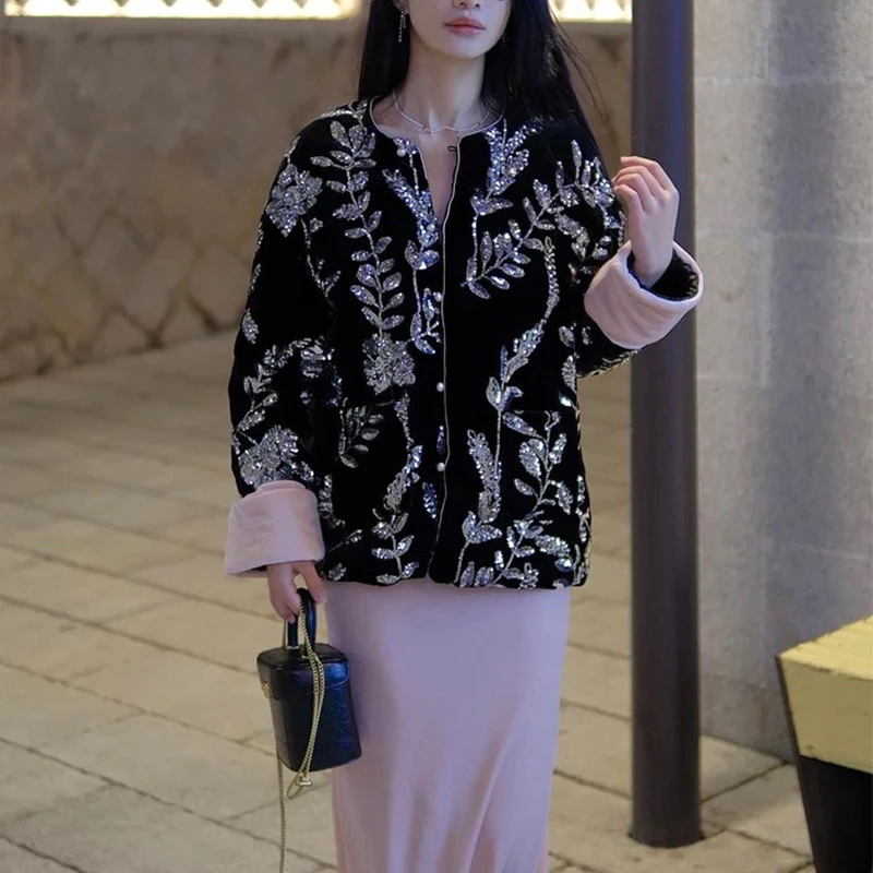 外套女春秋小众质感丝绒珠片刺绣高级感新中式提花外套