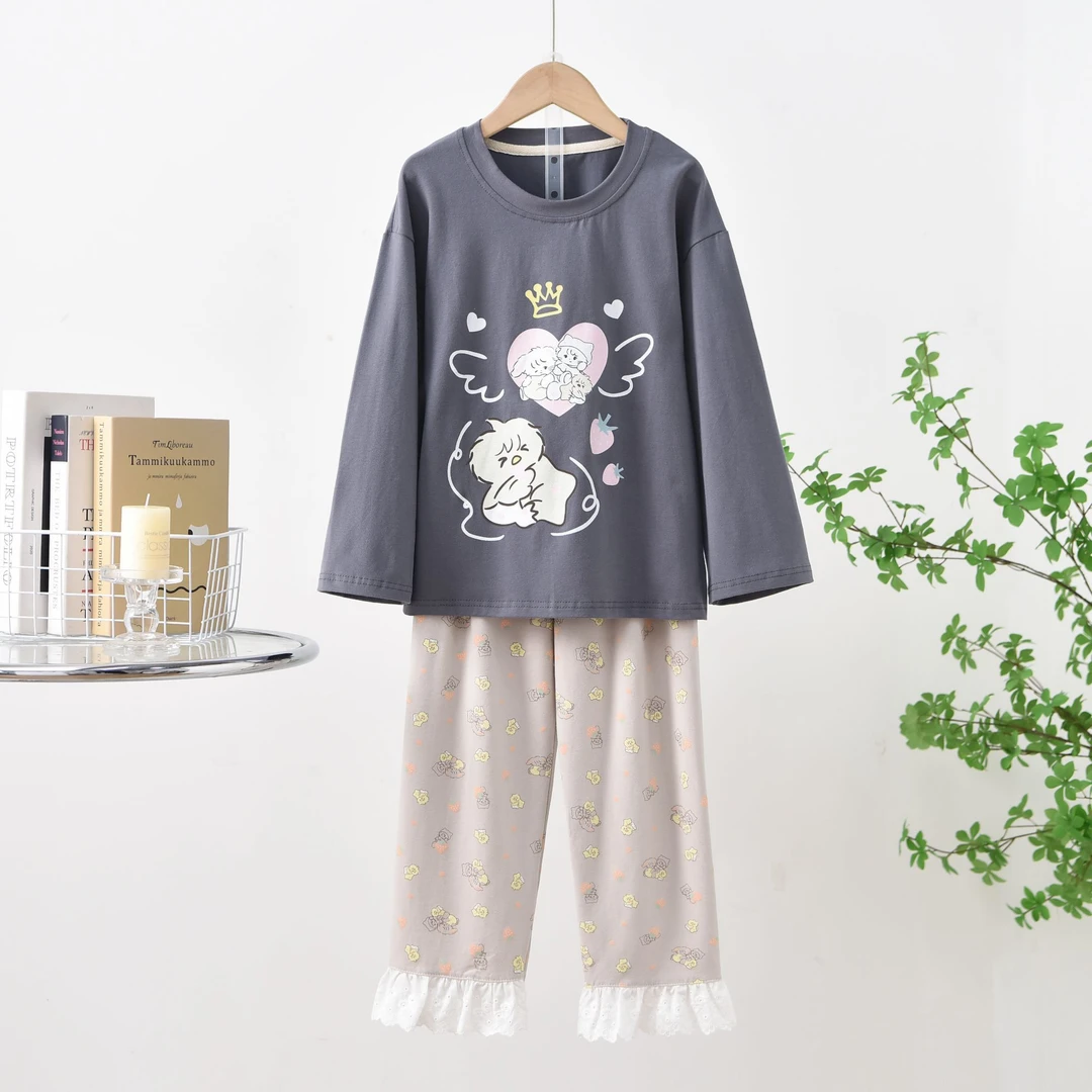 然然童装女童卡通松紧带睡衣长袖家居服套装A005