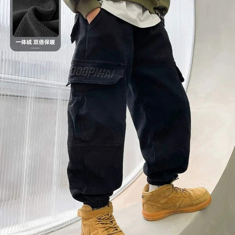 男童加绒工装裤秋冬2025新款大童男孩冬装儿童一体绒冬季加厚裤子