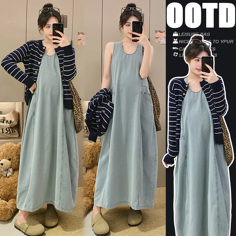 韩版2025做旧重工洗水软牛仔工装百搭大口袋背心连衣裙 套装