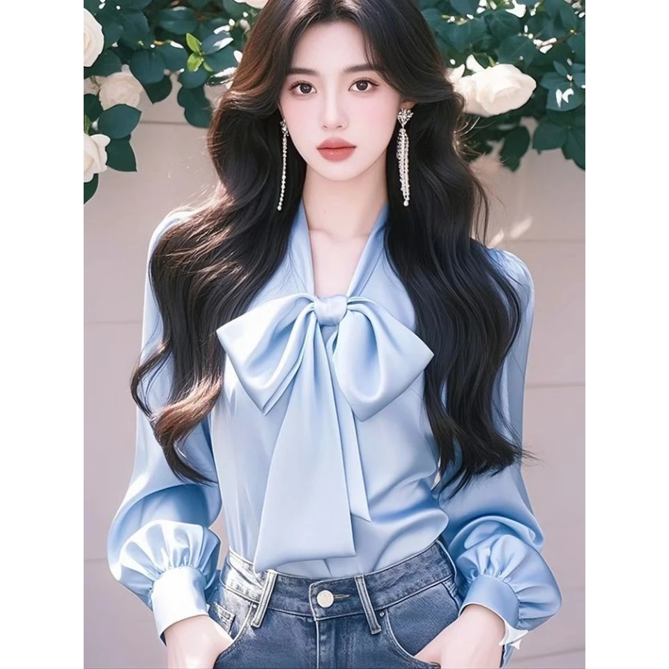 2025春季新款法式别致设计感小众高端感蓝色蝴蝶结系带醋酸衬衫
