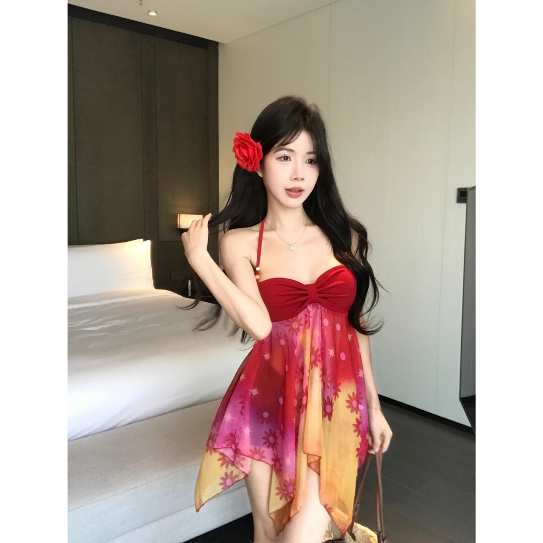 度假风多巴胺红色挂脖吊带背心女夏季外穿拼接不规则碎花抹胸上衣