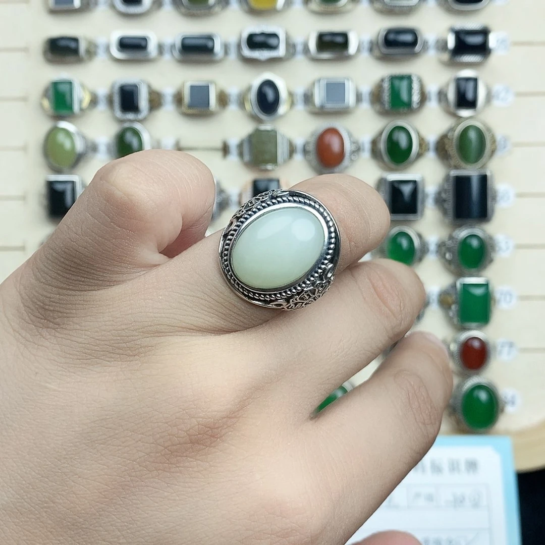 银S925镶嵌戒指和田玉佛*