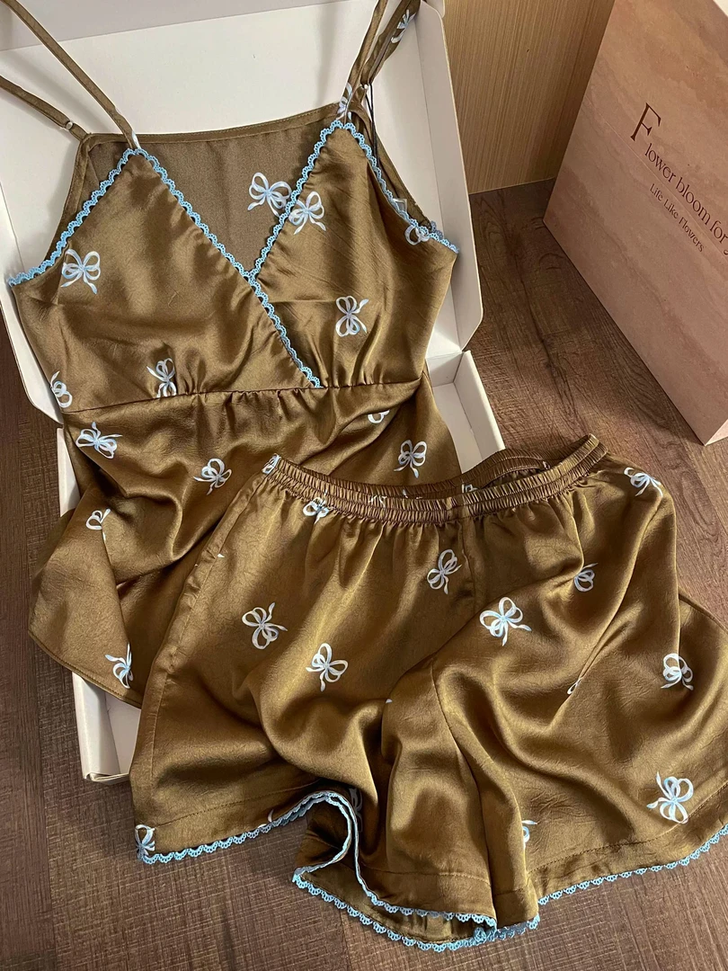 法式高级感蕾丝蝴蝶结印花冰丝睡衣女2025夏季大码套装睡衣女款