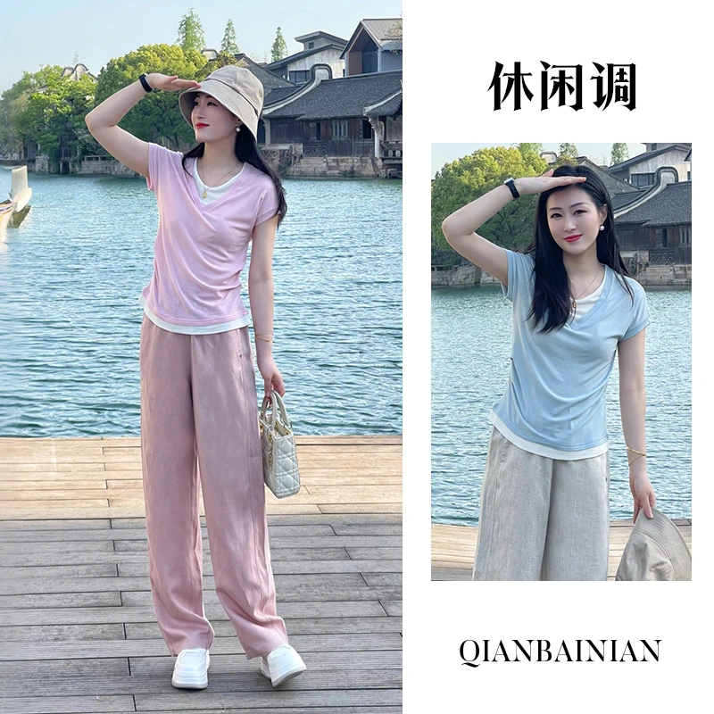 千柏年【温婉优雅】冰凉丝滑感醋酸亚麻垂顺显瘦直筒休闲裤-C2421